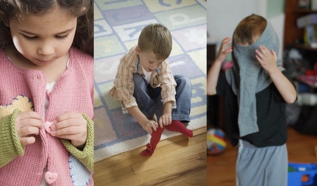 Trẻ tự mặc quần áo và cởi quần áo giúp trẻ kiểm soát và phối hợp vận động các cơ nhỏ tốt